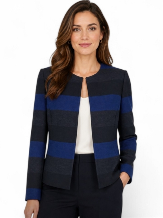 Tahari Arthur S Levine Jackets & Blazers - Tahari ASL Blazer Size 10P Blue Gray Black Wide Stripes Open Front Top Hook Eye